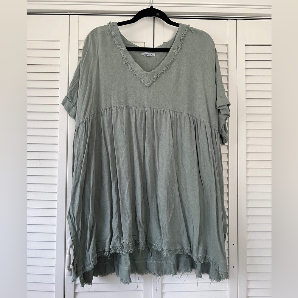 Teal linen feel top with fringe edges